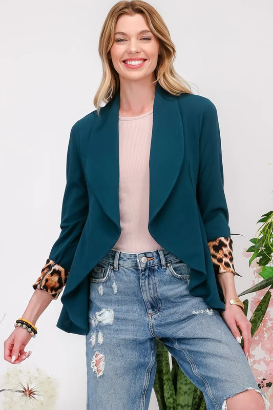 Celeste Full Size Rolled Leopard Cuff Open Front Blazer