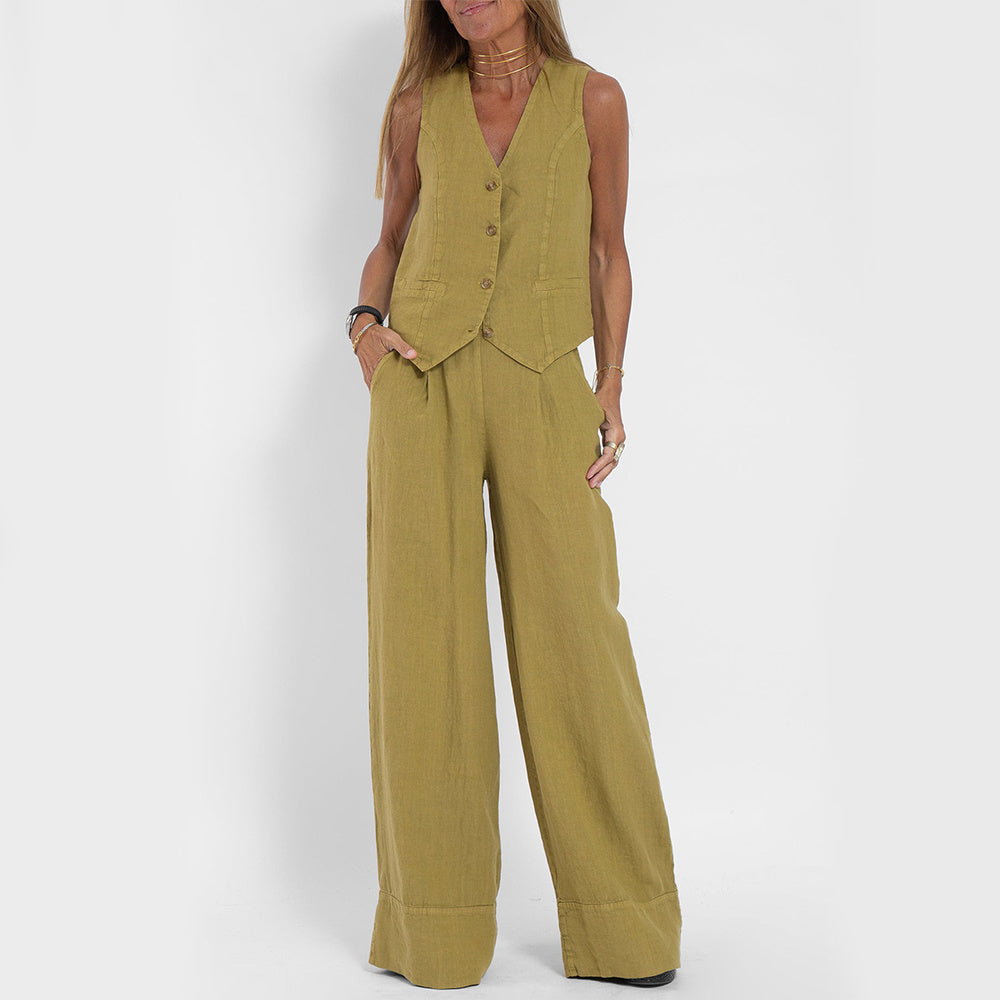 Vest Suits V-neck Button Sleeveless Top And Loose Straight Trousers