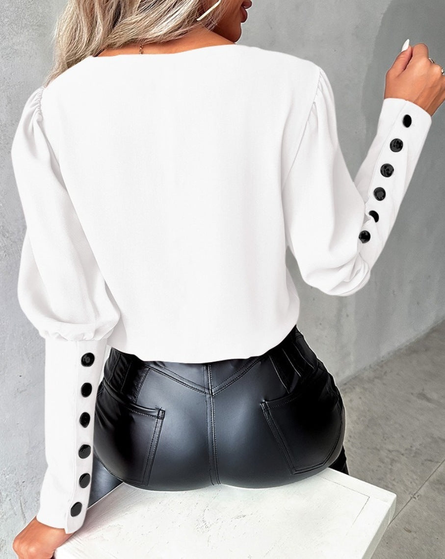 V-neck Long Sleeve Blouse With Button Design