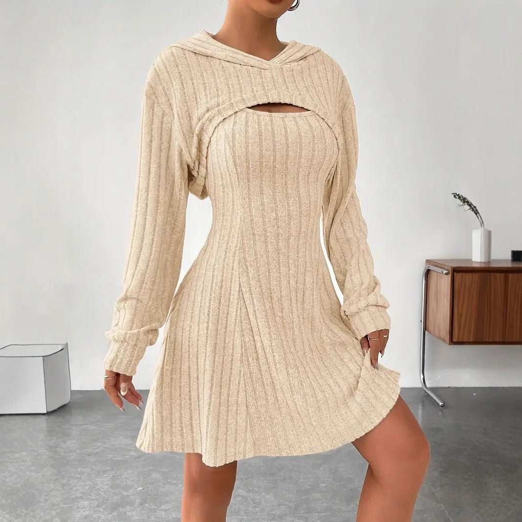 Hooded Shawl Long-sleeved Vest Short Dress Two-piece Set