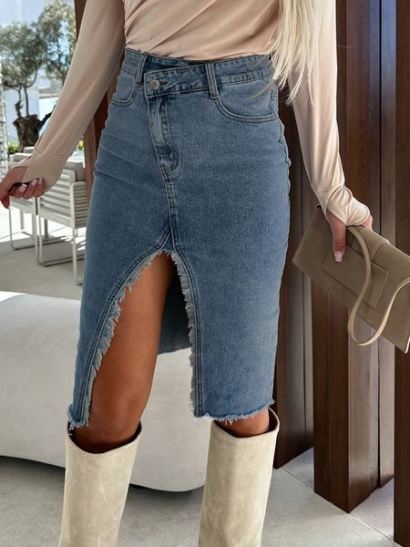 Women's Vintage Denim Skirt High Waist Open Split Tassle Jean Skirt