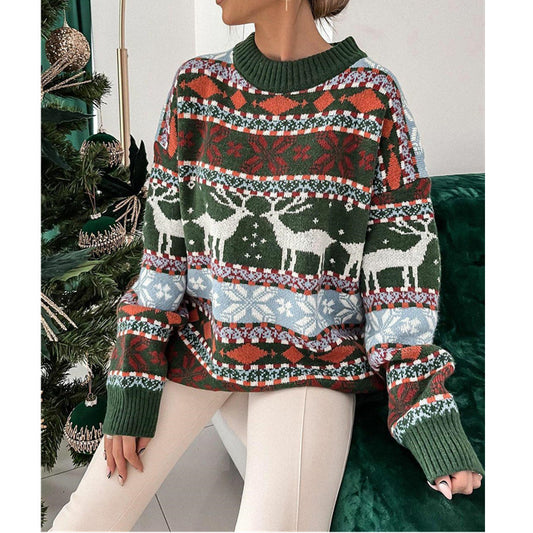 Round Neck Loose Christmas Theme Jacquard Long Sleeve Sweater