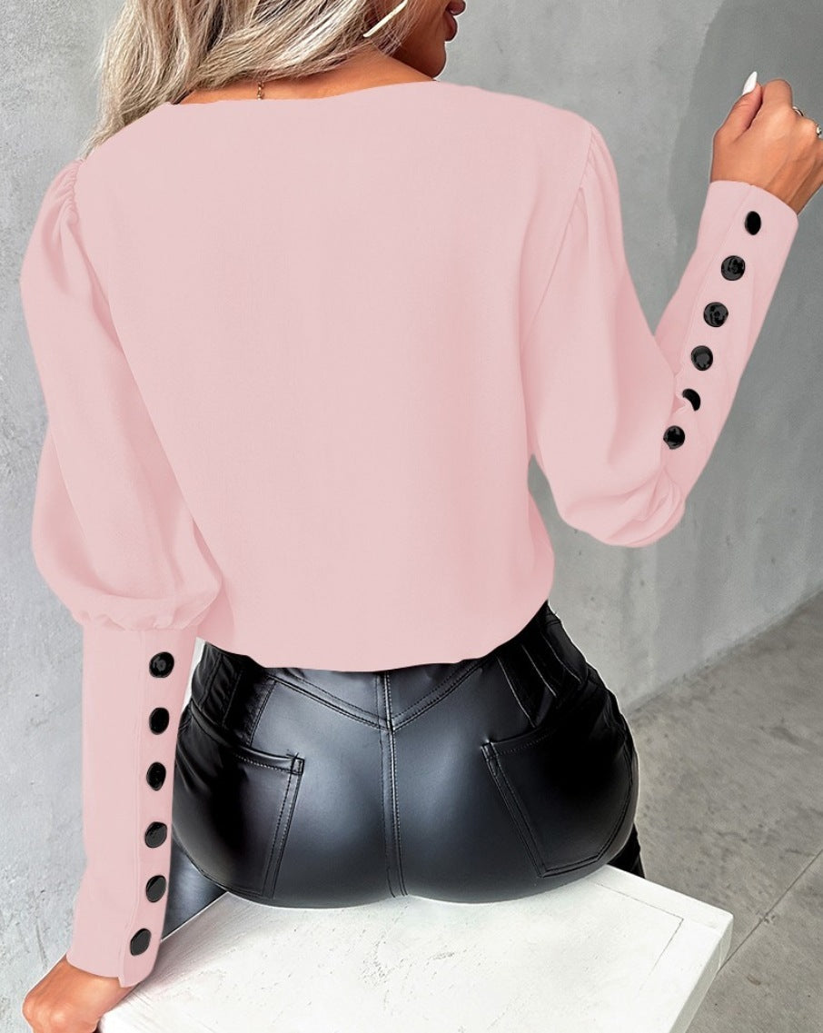 V-neck Long Sleeve Blouse With Button Design