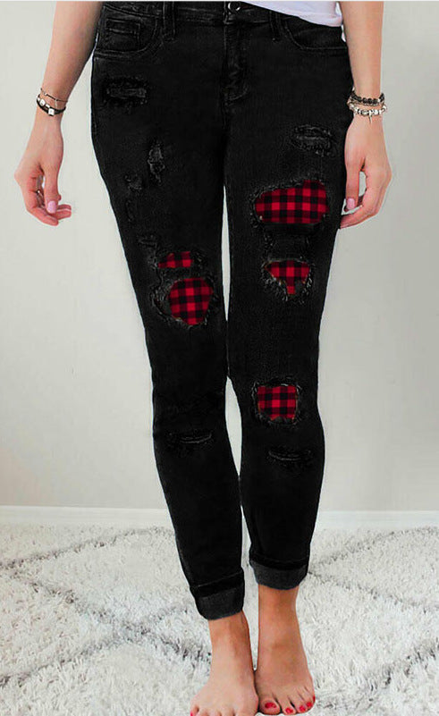 Women's Buffalo Plaid Printed Denim Stretch Pants With Holes