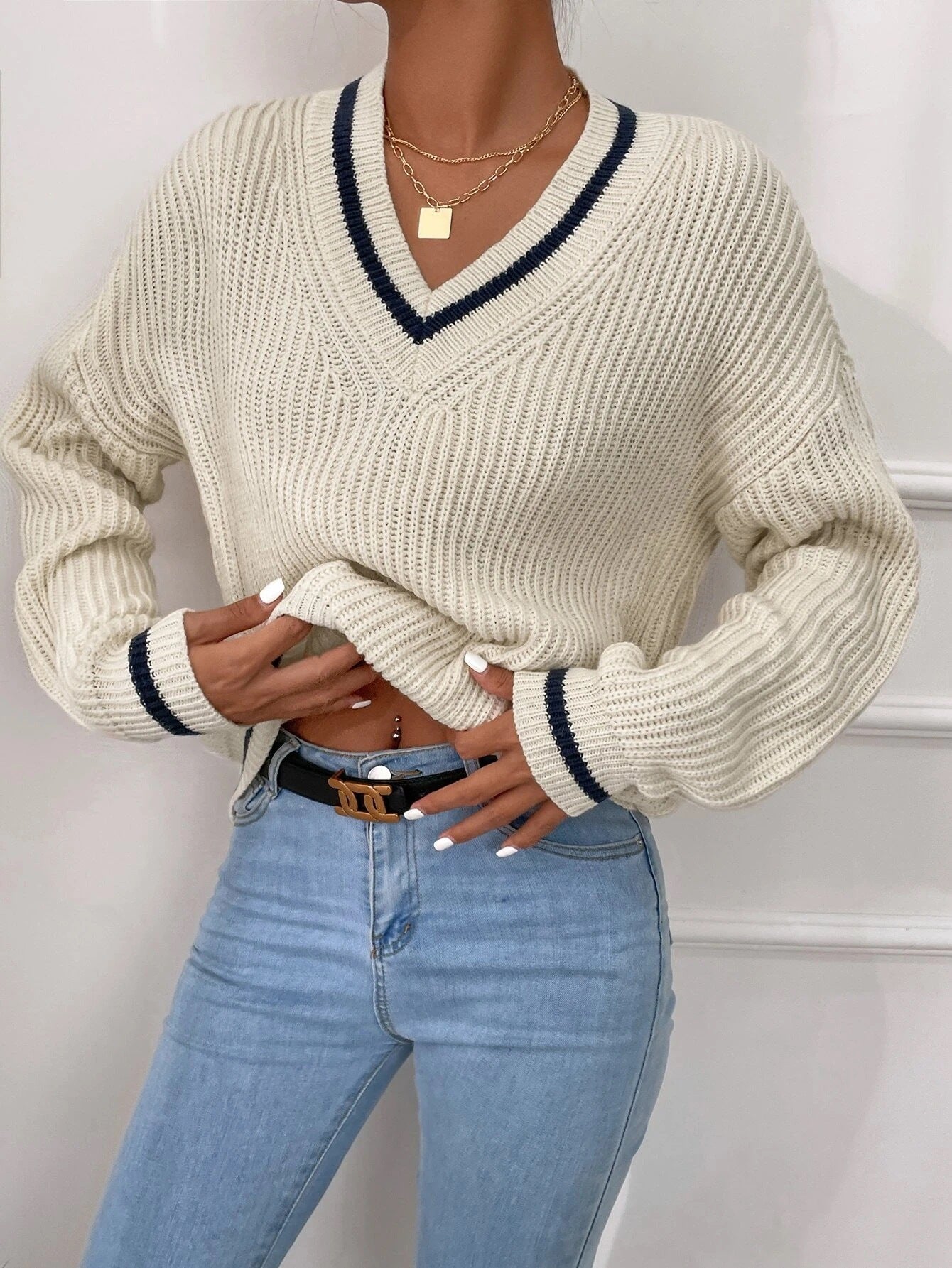 Cable Knit V Neck Sweaters