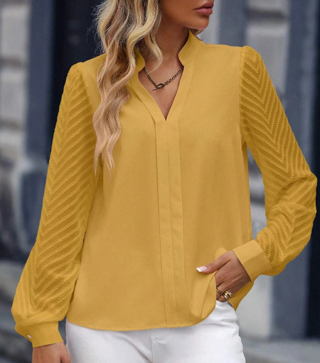 V-neck Long-sleeved Chiffon Lace Stitching Shirt