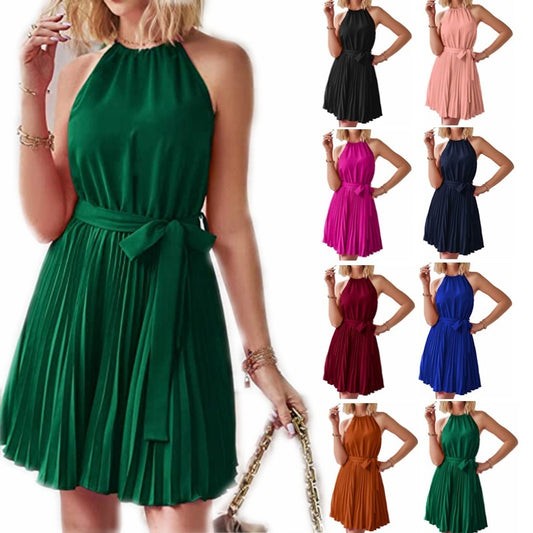 Solid Strapless Halter Pleated Sundress