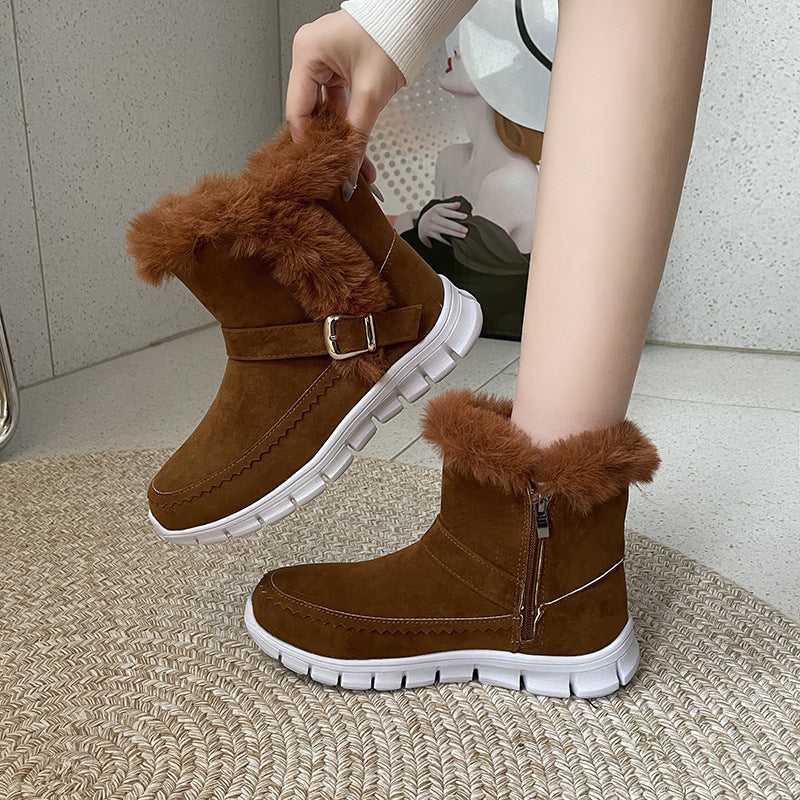 Snow Boots Warm Thick Solid Color Plush Ankle Boots With Buckle Design