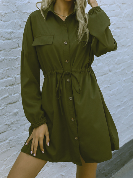 Button Up Drawstring Shirt Dress