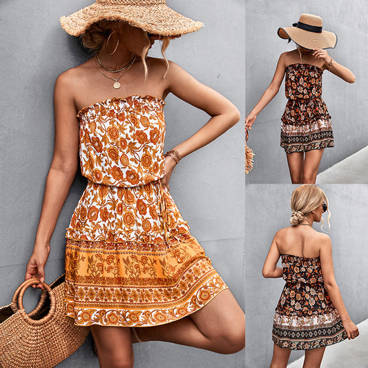 Women's Bohemian Floral Print Strapless Dress