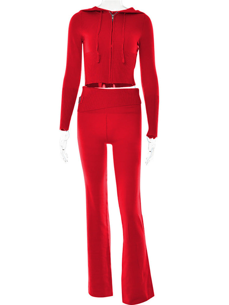 Zip Up Long Sleeve Hoodie Sweater And High Waist Long Pants Set