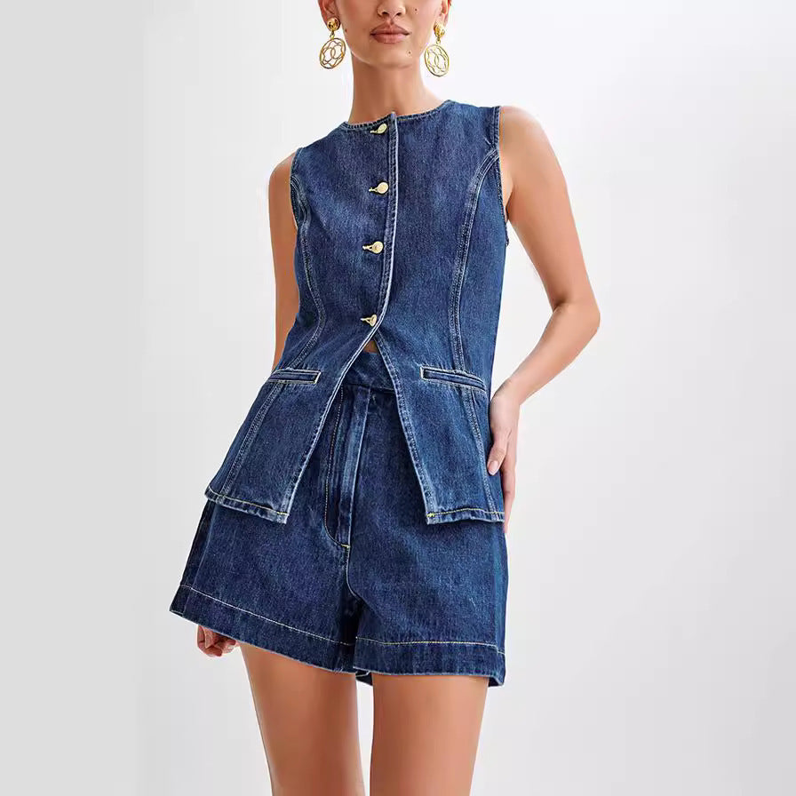 Denim Sleeveless Button Vest Top And High Waist Shorts Set