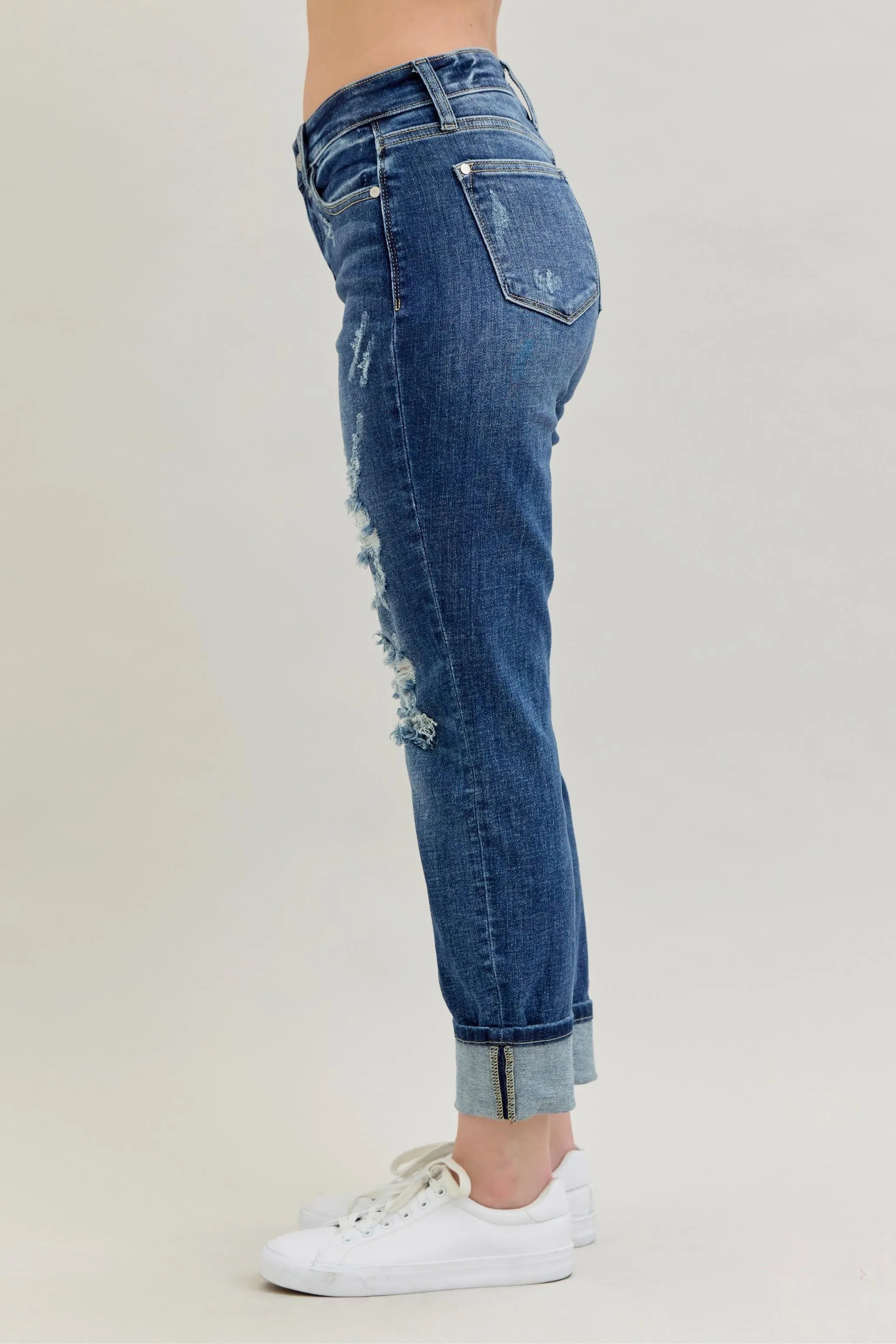 Judy Blue Full Size Mid Rise Cuffed Destroy Boyfriend Jeans