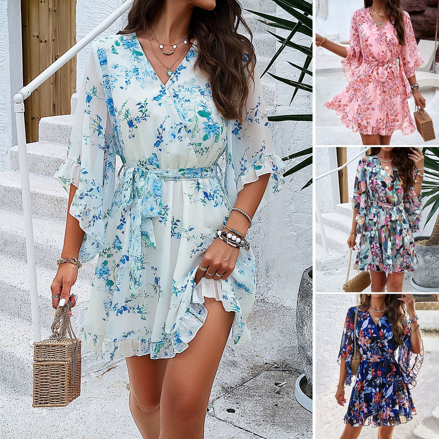 V-neck Floral Print Short Sleeves  Lace Up Ruffles Dress