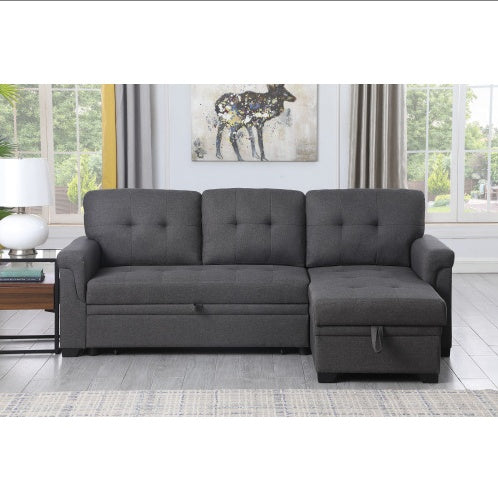 Dark Gray Linen Reversible Sleeper Sectional Sofa With Storage Chaise