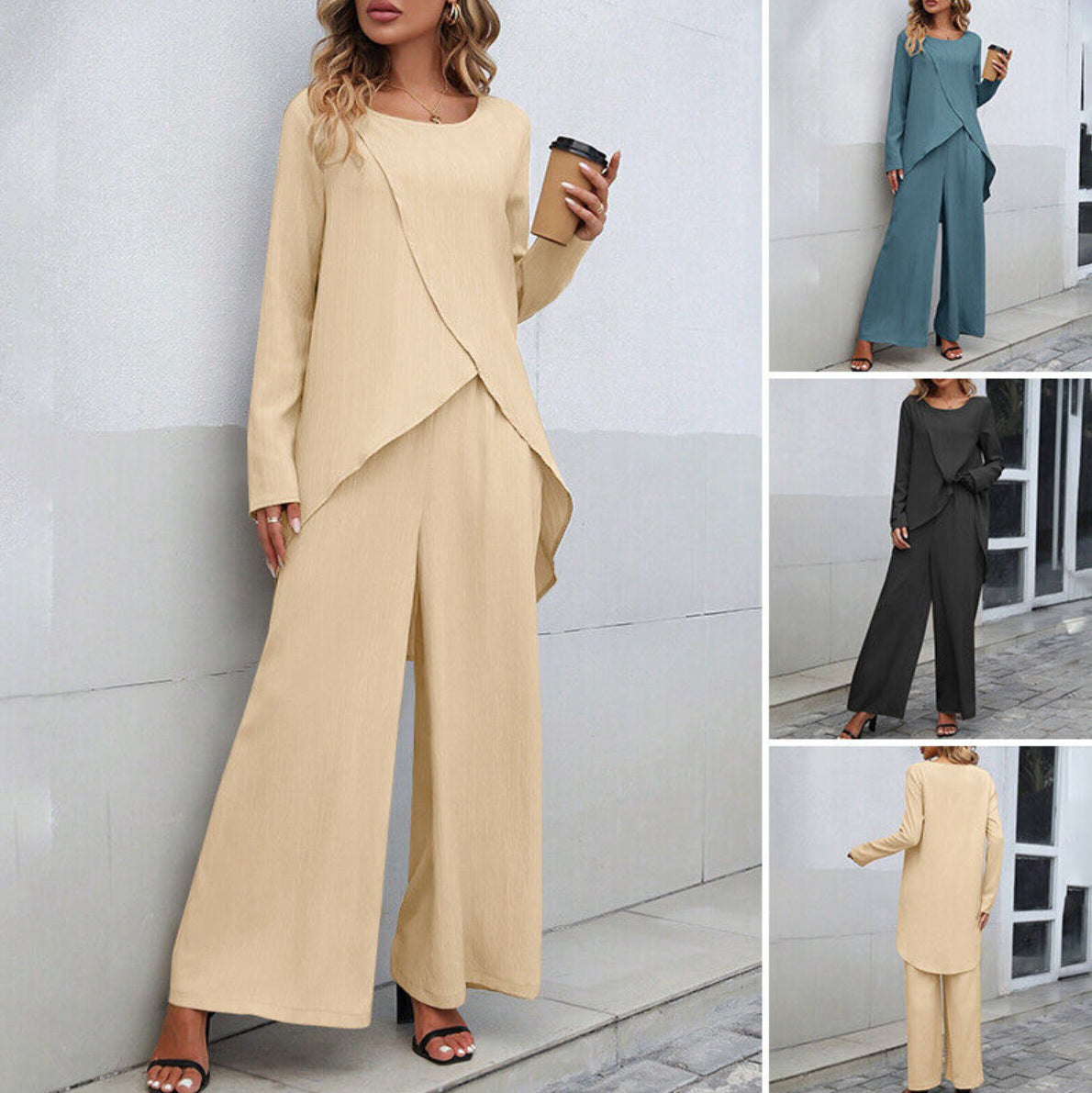 Two-piece Set Long Sleeve Irregular Hem Top Elastic Waist Wide Leg Trousers