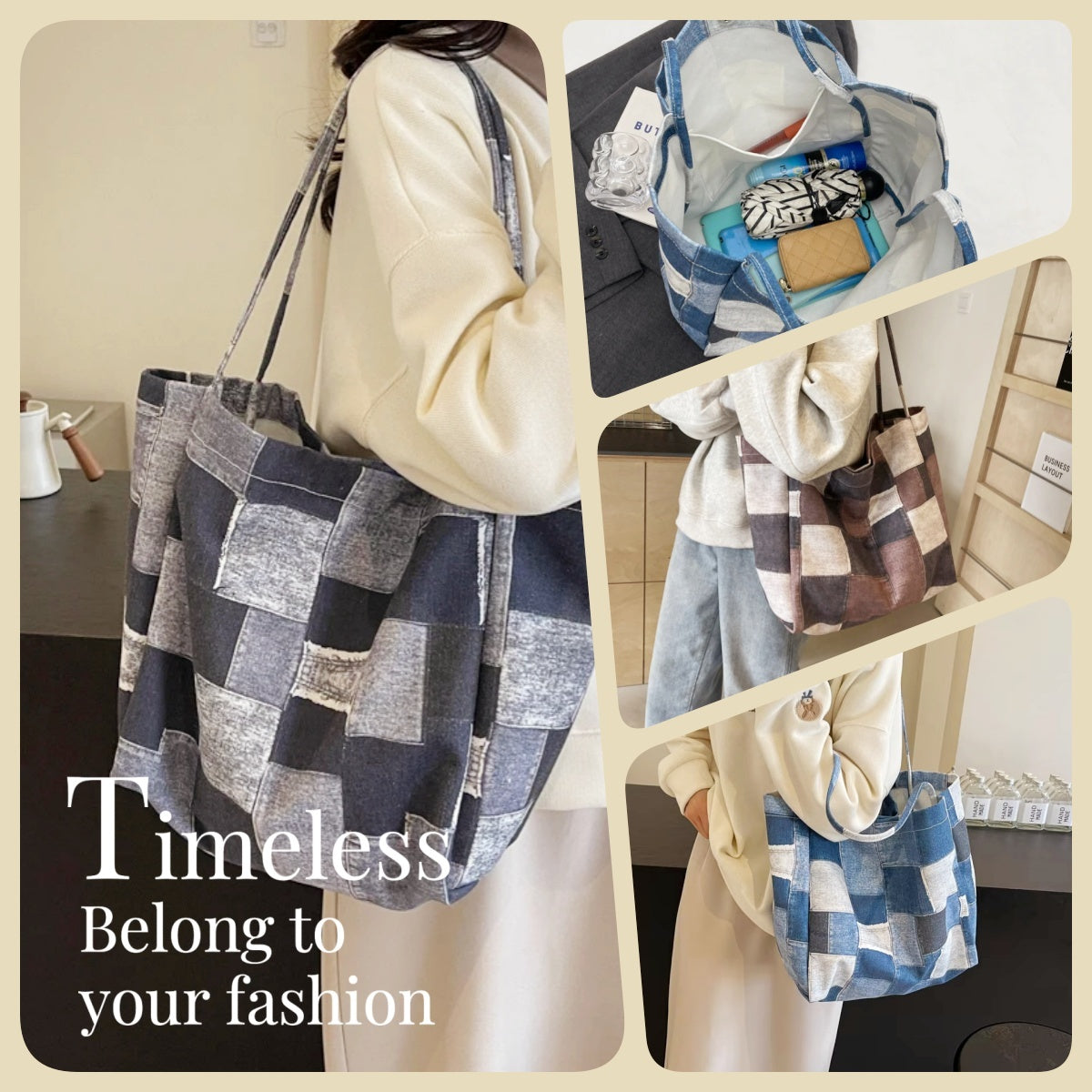 Large Capacity Denim Color-contrast Check Idle Tote Bag