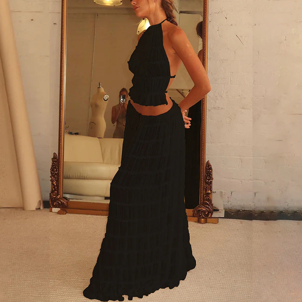 2pc Dress Suit, Sleeveless, Backless Cropped Halter Top And Pleated Long Dress