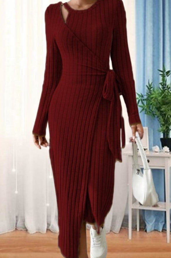 Striped Fashion Round Neck Long Sleeve Narrow Bow Dress