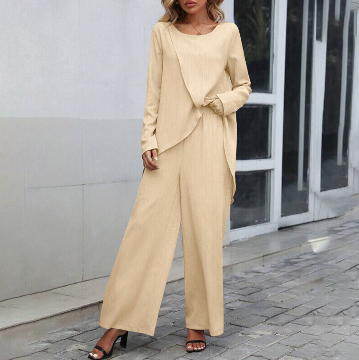 Two-piece Set Long Sleeve Irregular Hem Top Elastic Waist Wide Leg Trousers