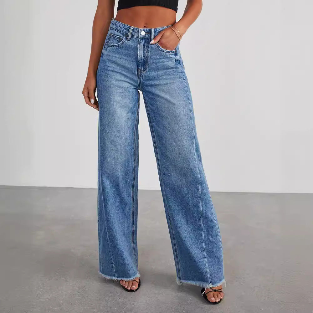 Loose Wide-leg Side Seam Stitching Frayed Hem Jeans