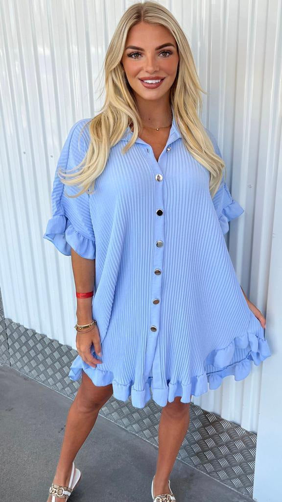 Solid Color Shirt Dress, Ruffle Irregular Sleeve