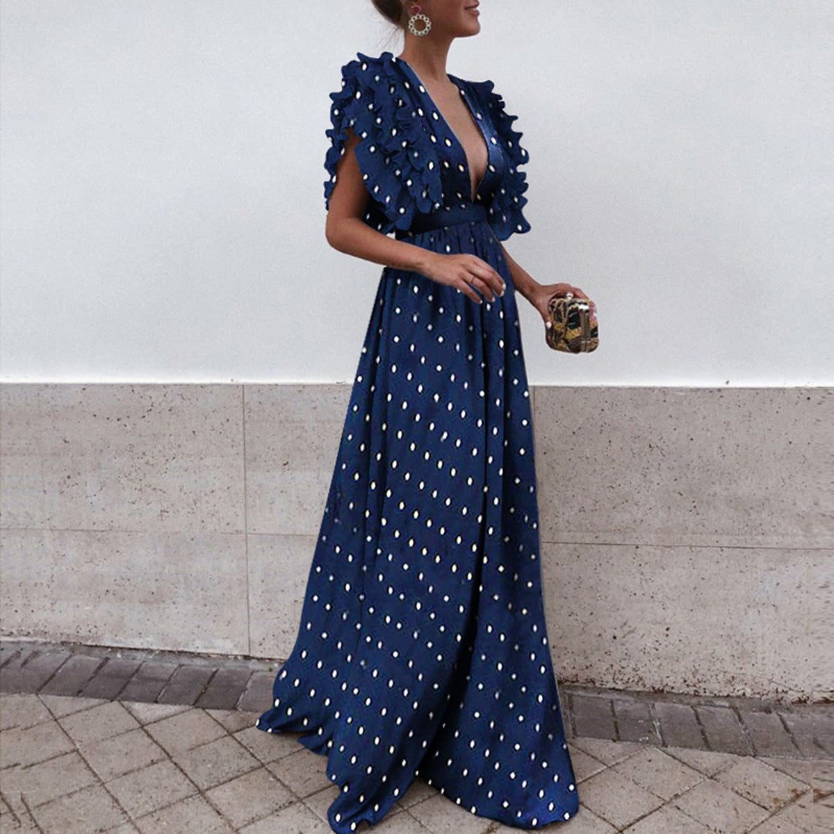 Feifei Sleeve V-Neck Backless Polka-Dot Long Dress