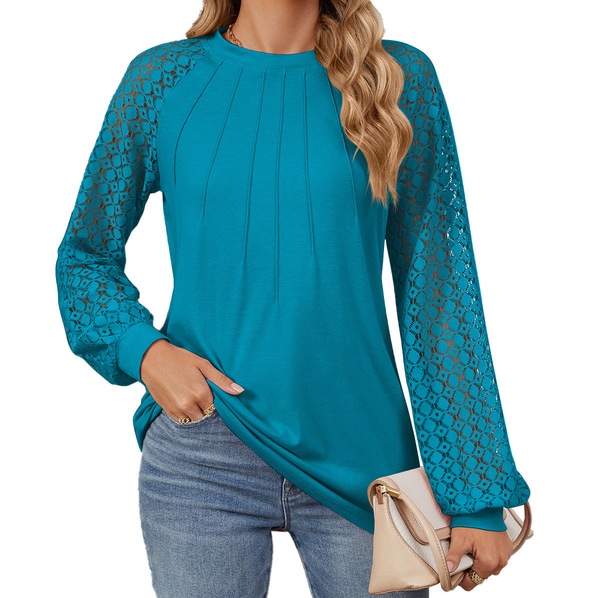 Lace Long Sleeve Round Neck Solid Color Pullover Top