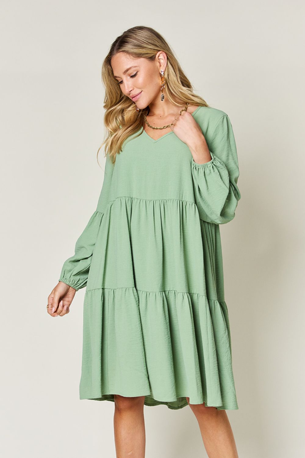 Double Take Full Size V-Neck Balloon Sleeve Tiered Dress