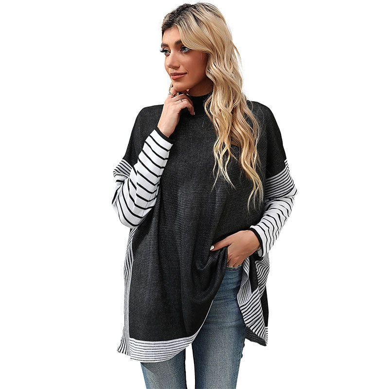 Women's Bat Sleeve Stripe Half High Neck Sweater