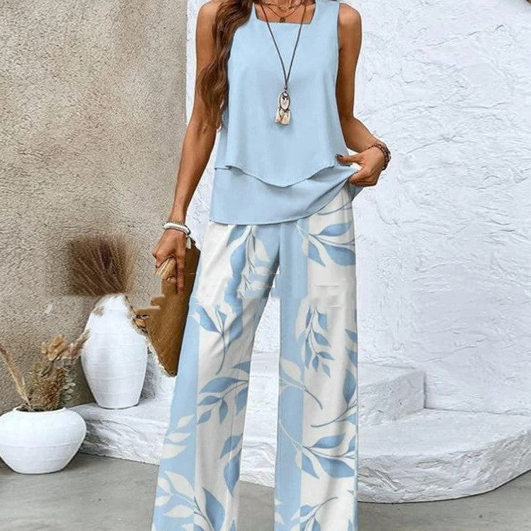 Printed Sleeveless Double-layer Vest And Loose Straight Pants Suit