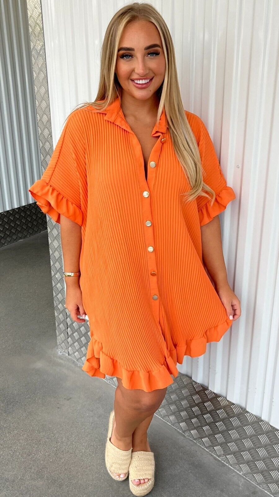 Solid Color Shirt Dress, Ruffle Irregular Sleeve