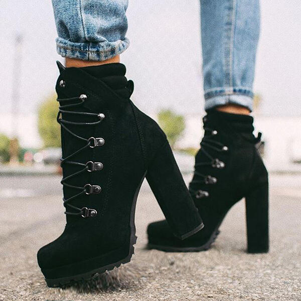 Heeled Round Toe Lace UP High Heel Mid Calf Boots