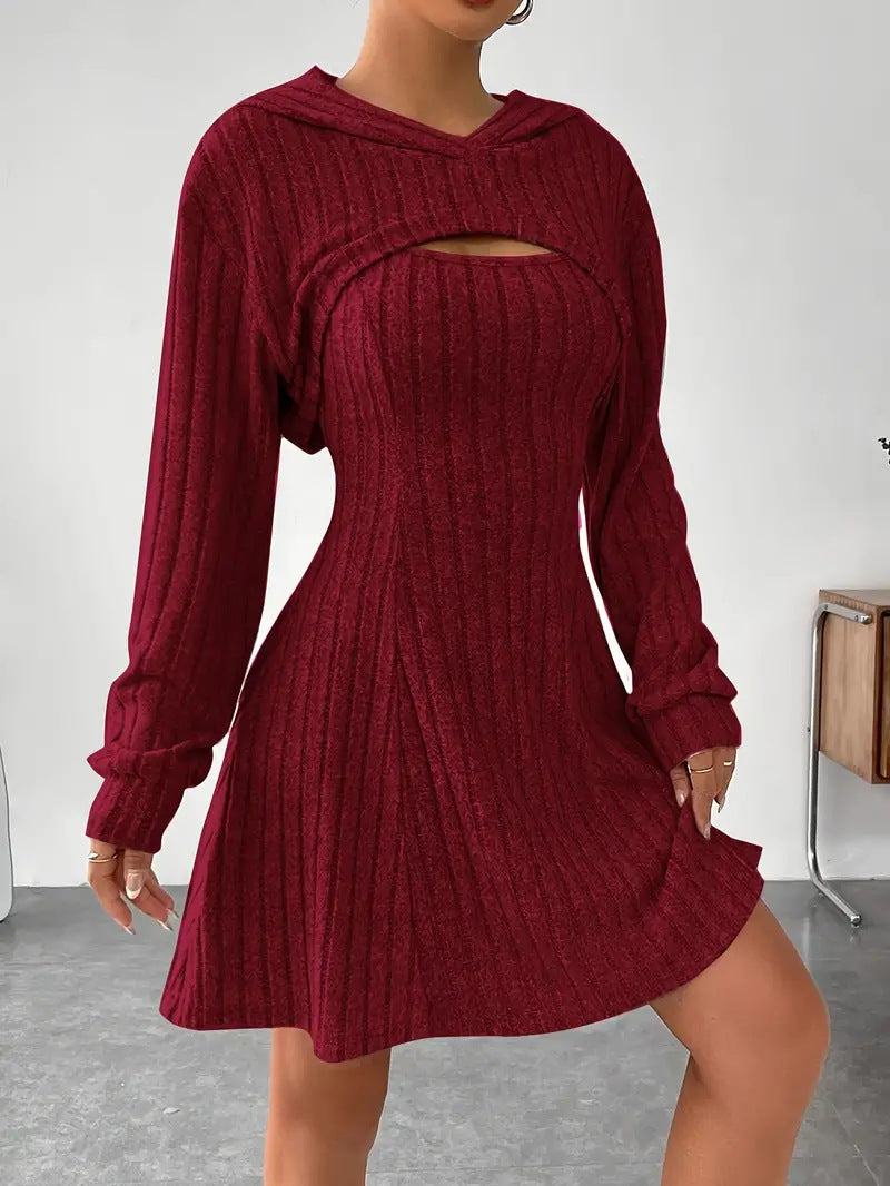 Hooded Shawl Long-sleeved Vest Short Dress Two-piece Set