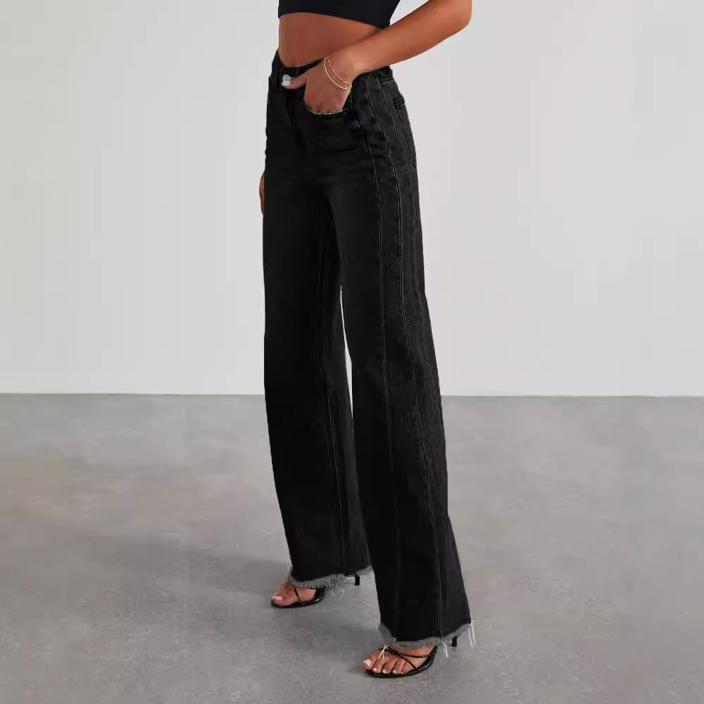 High Waist Jeans With Pockets ,Slim Fit Straight Wide-leg