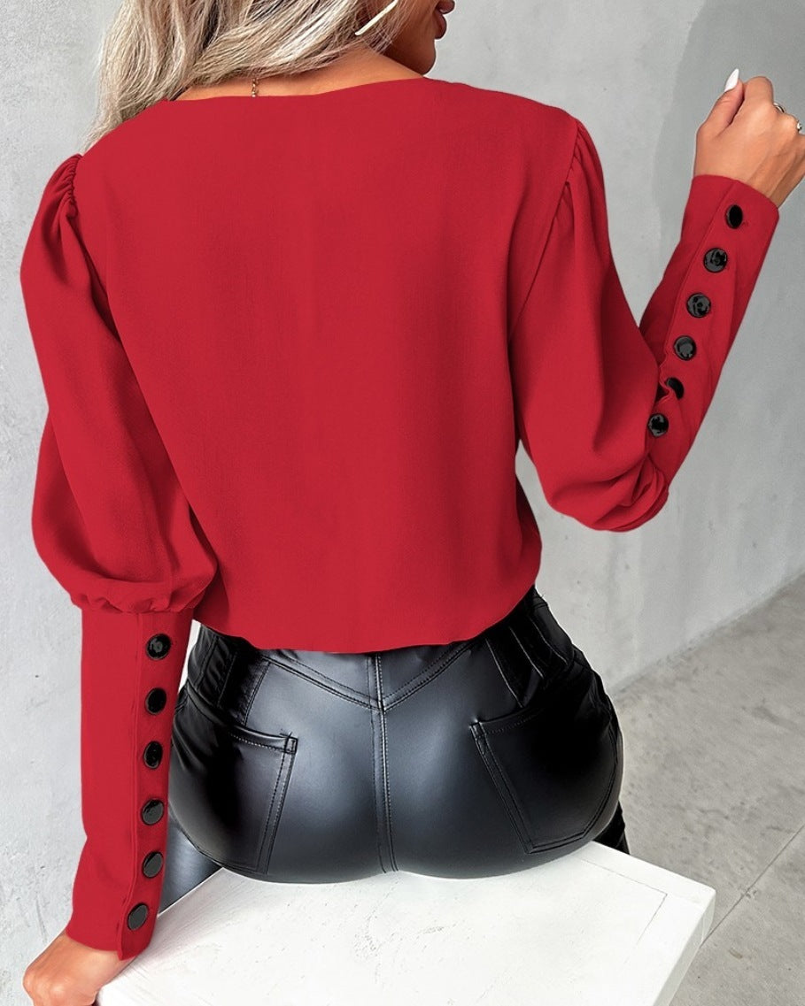 V-neck Long Sleeve Blouse With Button Design