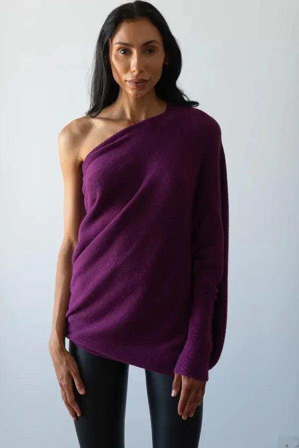 Solid Off-shoulder Batwing Sleeve Sweater