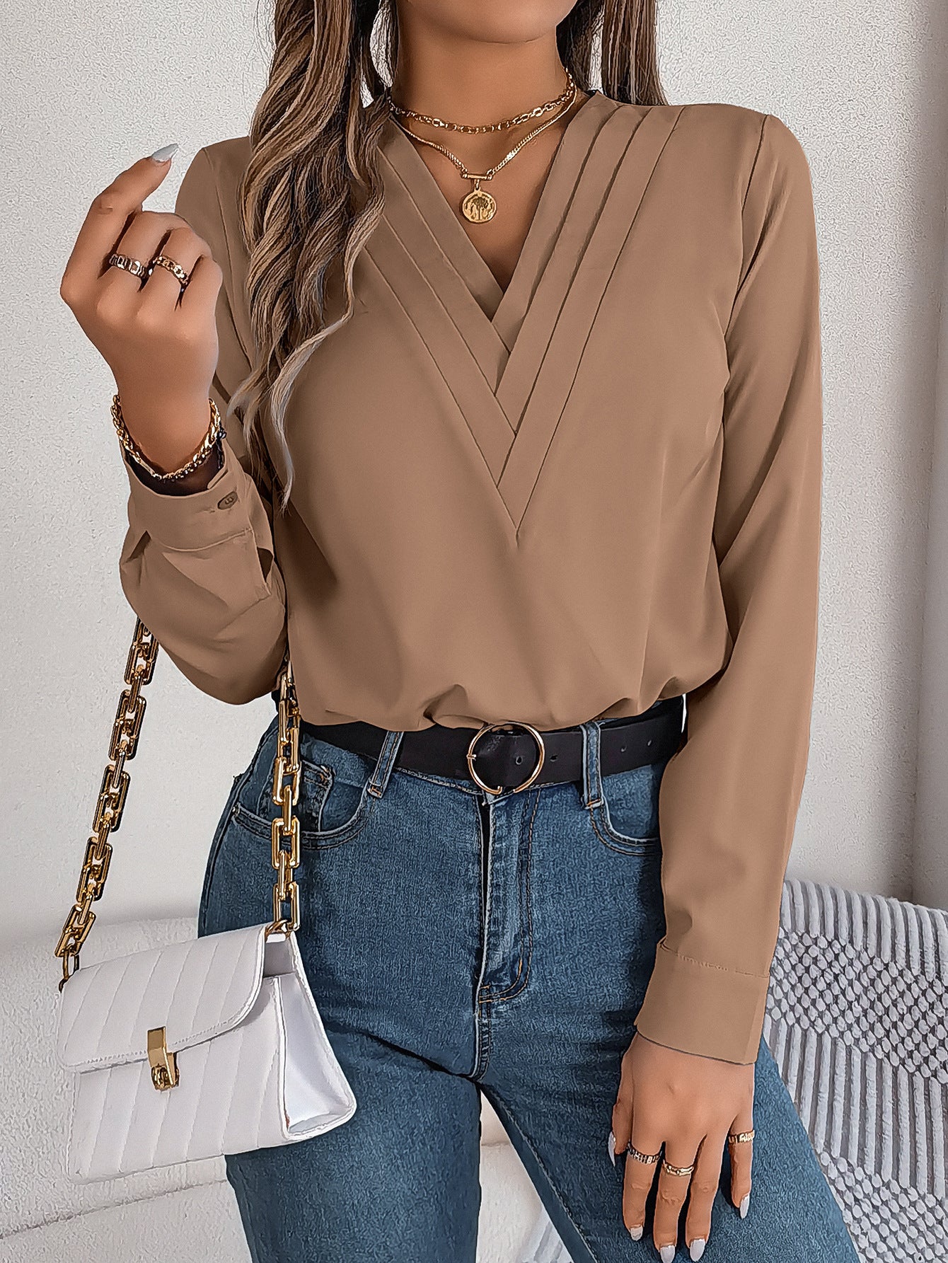 V-Neck Long Sleeve Elegant Commuter Solid Blouse