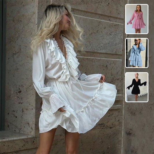 V Neck Pleated Ruffle Long Sleeve Dress