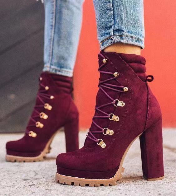 Heeled Round Toe Lace UP High Heel Mid Calf Boots