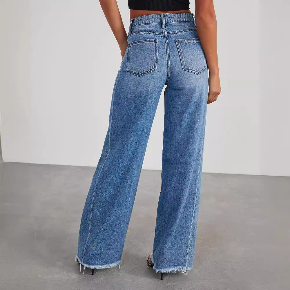 Loose Wide-leg Side Seam Stitching Frayed Hem Jeans