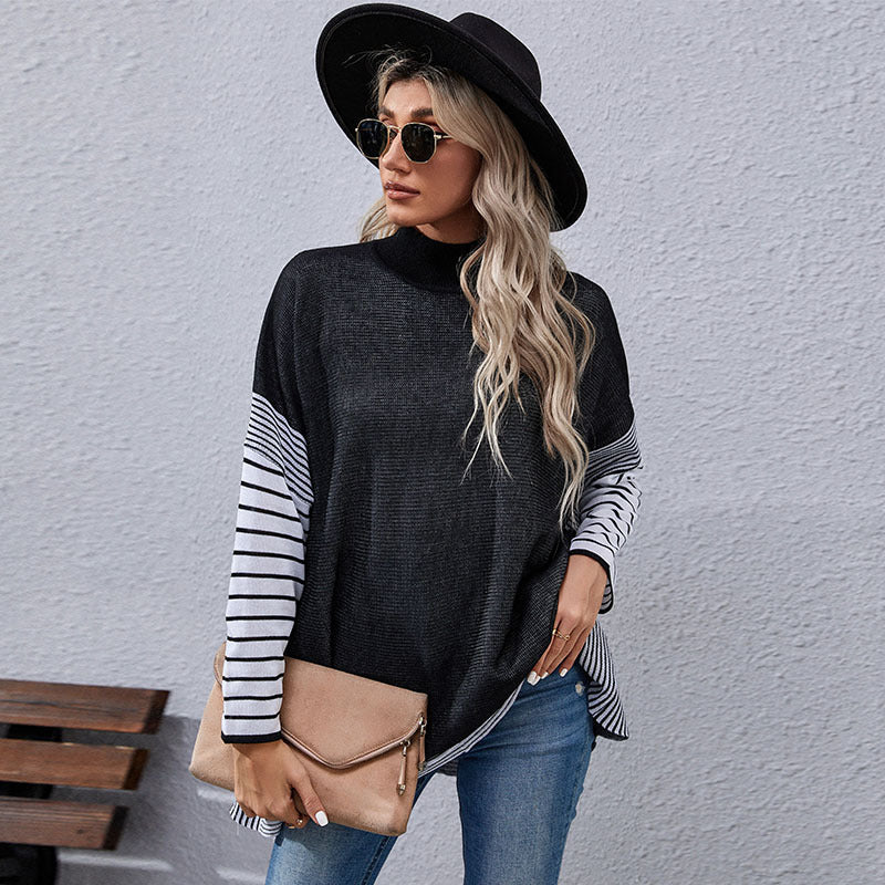 Women's Bat Sleeve Stripe Half High Neck Sweater