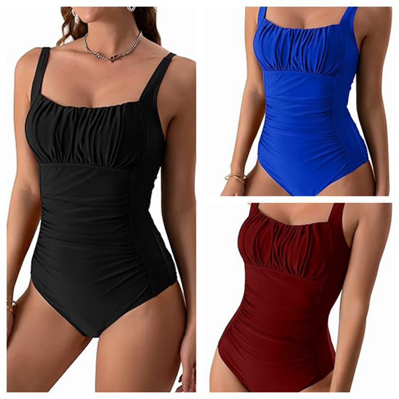 One-piece Solid Color Pleated Swimsuit