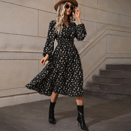 Temperament Commute Sweet Elegant Small V-neck Long Sleeve Polka-dot Long Dress