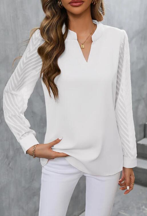 Chiffon Patchwork Long Sleeve Solid Color V-neck Top