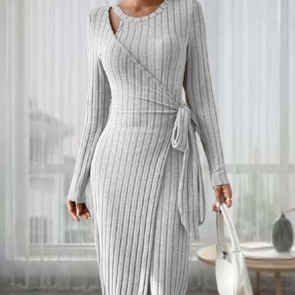 Striped Fashion Round Neck Long Sleeve Narrow Bow Dress