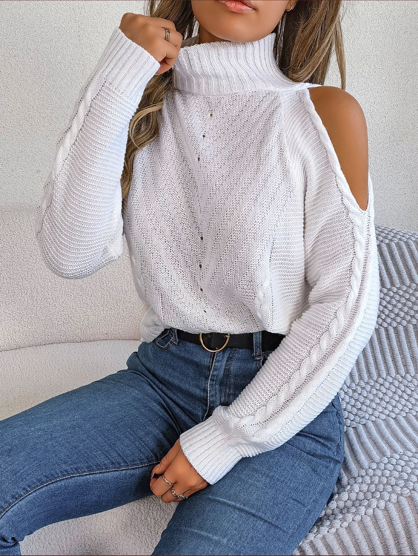 Off-the-shoulder Turtleneck Hollow-out Long Sleeve Knitted Pullover Sweater