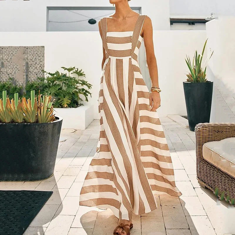 Striped Printed Simple Comfortable Sling Long Dress