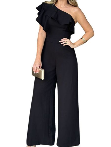 One Shoulder Ruffle  Wide-Leg Jumpsuit