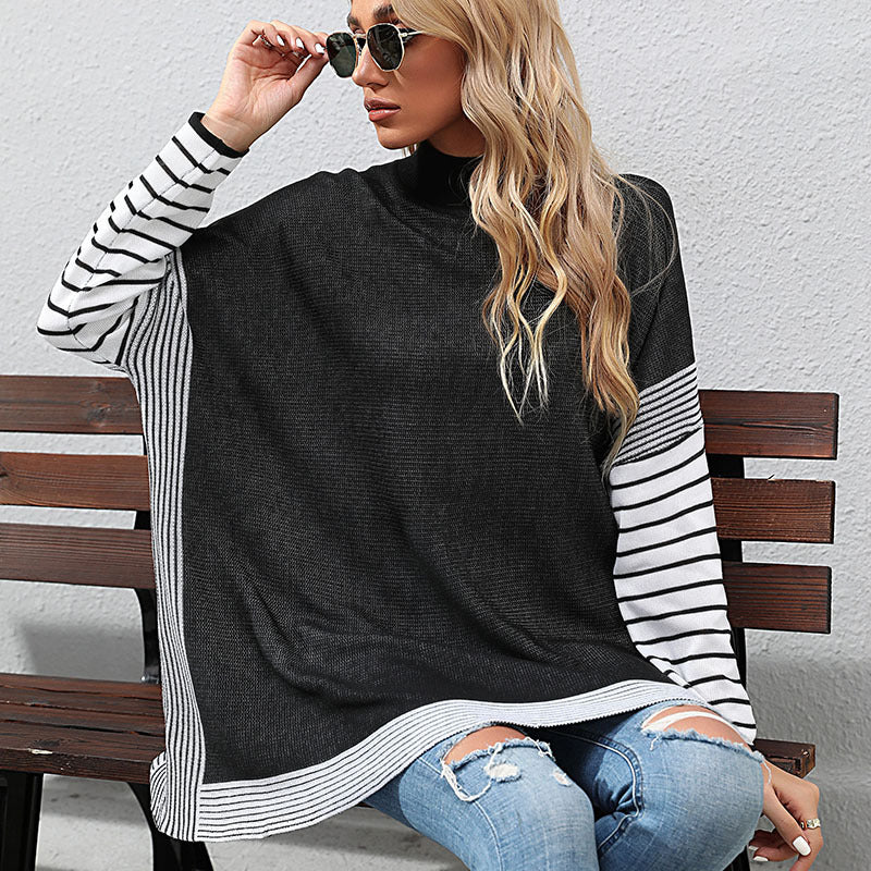 Women's Bat Sleeve Stripe Half High Neck Sweater